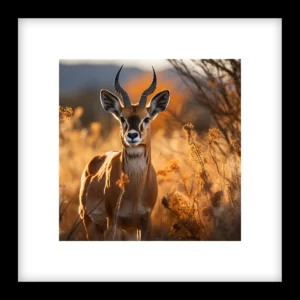 Stunning portrait of a majestic gazelle standing in a field of golden grasses, bathed in warm sunlight. Wildlife photography. by Evoken