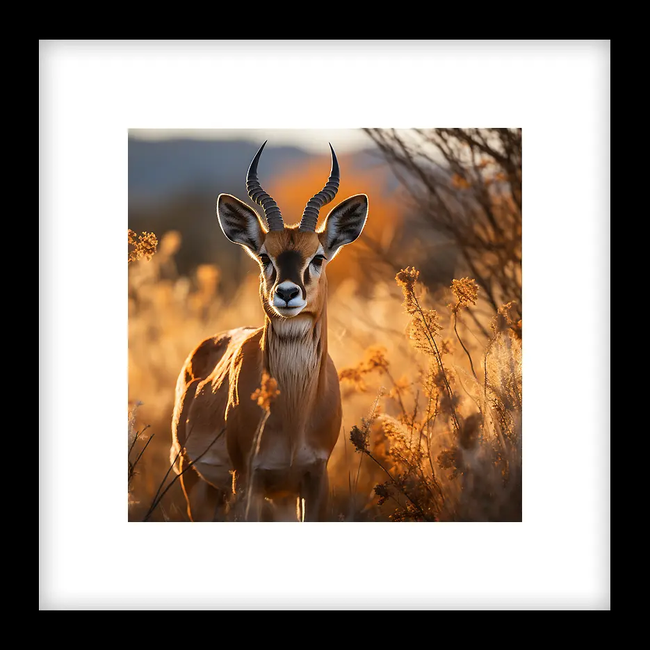 Stunning portrait of a majestic gazelle standing in a field of golden grasses, bathed in warm sunlight. Wildlife photography. by Evoken