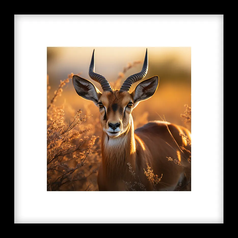 Framed portrait of an impala in golden light, featuring spiral horns and a grassy background, showcasing the African wildlife. by Evoken