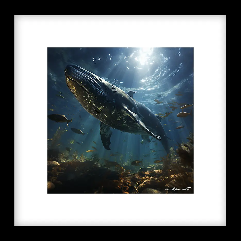 Humpback whale swimming underwater with sunlight and fish, viewed from below. Ocean life illustration and artwork. by Evoken