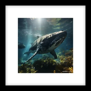 Underwater view of a majestic humpback whale swimming gracefully with sun rays piercing through the clear blue water, surrounded by vibrant marine life. by Evoken