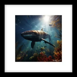 Majestic megalodon shark swimming in vibrant coral reef habitat with sun rays. Oceanic wildlife illustration and marine ecosystem view. by Evoken