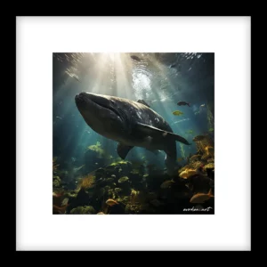 Gray whale swimming in the ocean with sunlight filtering through the water. Fish are surrounding the majestic animal. by Evoken