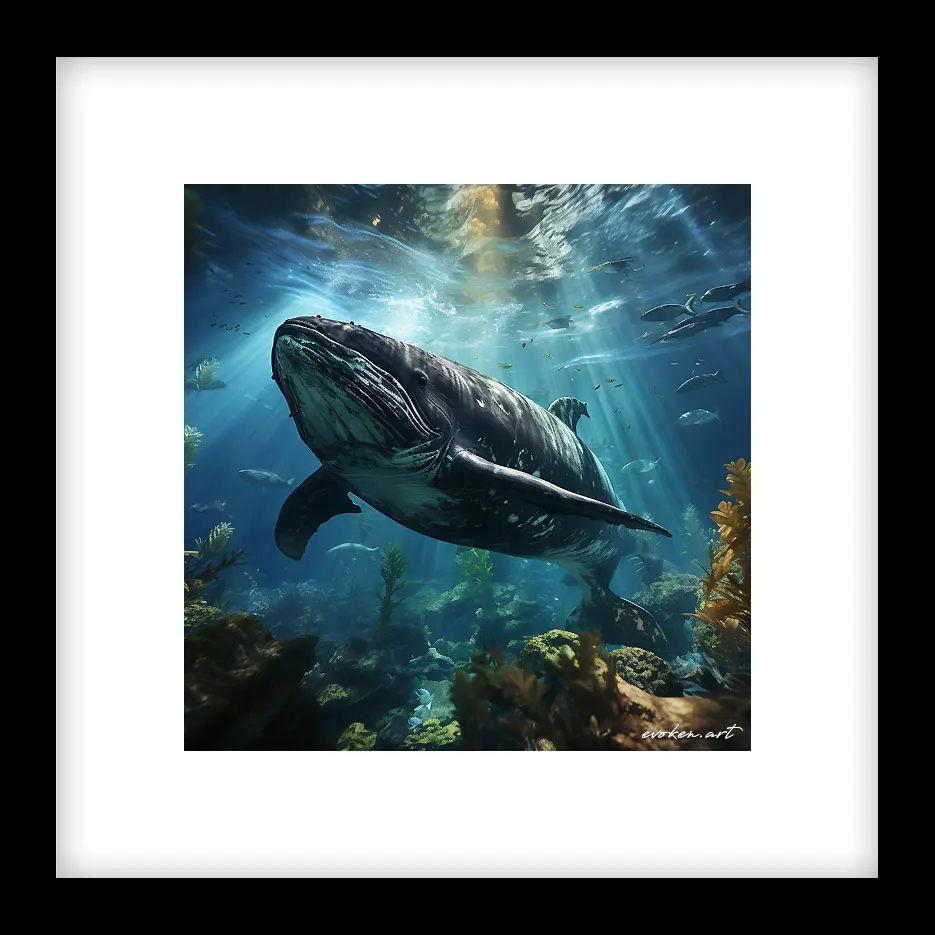 Humpback whale art print. Ocean scene with whale swimming in clear blue water. Sea life and sunlight. Evoken.art signature. by Evoken
