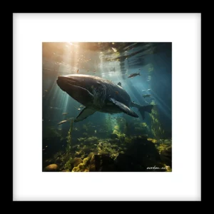Underwater view of a majestic humpback whale swimming with sun rays penetrating the water, surrounded by smaller fish in a kelp forest. by Evoken
