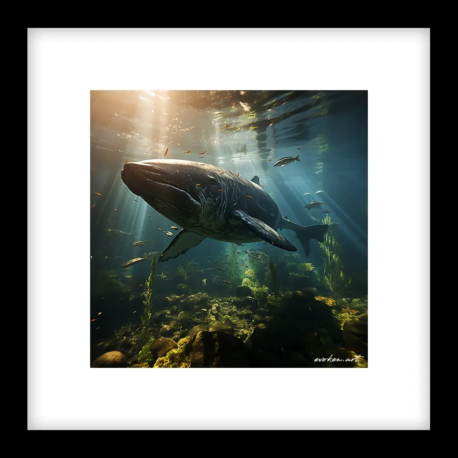 Underwater view of a majestic humpback whale swimming with sun rays penetrating the water, surrounded by smaller fish in a kelp forest. by Evoken