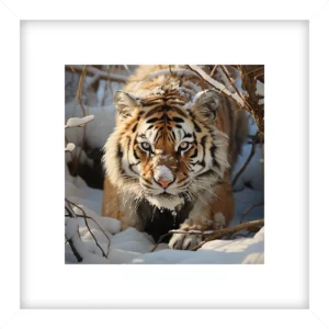 Close-up of a tiger in winter snow. A majestic tiger with orange and black stripes peers from a snowy environment. by Evoken