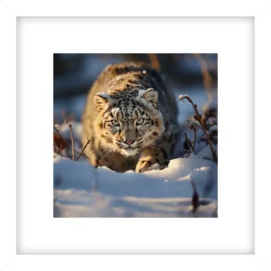 Snow leopard prowling in snowy habitat. Vulnerable big cat with patterned fur, white background, and winter sunlight. by Evoken
