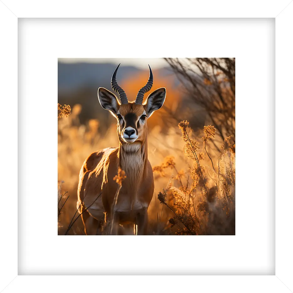 Framed photograph of a slender gazelle with twisted horns, standing in a sunlit grassy field. Wildlife photography in warm, natural tones. by Evoken