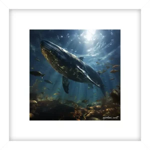Framed underwater scene with a large Humpback Whale swimming gracefully with sunlight streaming down. School of fish and coral reef below. by Evoken
