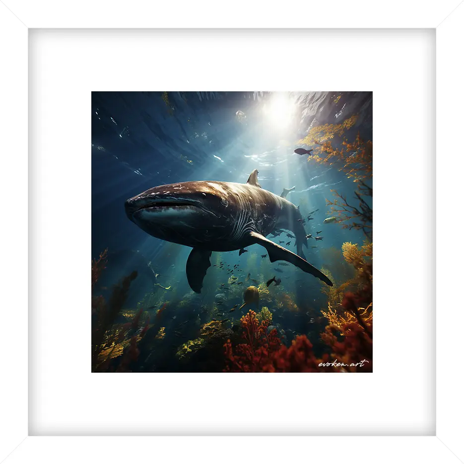 Framed art print of a great white shark swimming underwater amid coral reefs and sunlight, creating a serene ocean scene. by Evoken