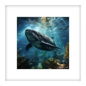 Humpback whale underwater with sunbeams and fish, framed art print. Marine life art showing ocean depths and light. by Evoken