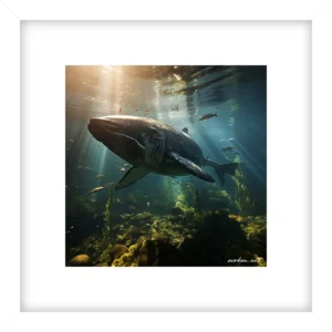 Framed underwater image of a large whale swimming in sunlit ocean waters among smaller fish and coral reefs. by Evoken