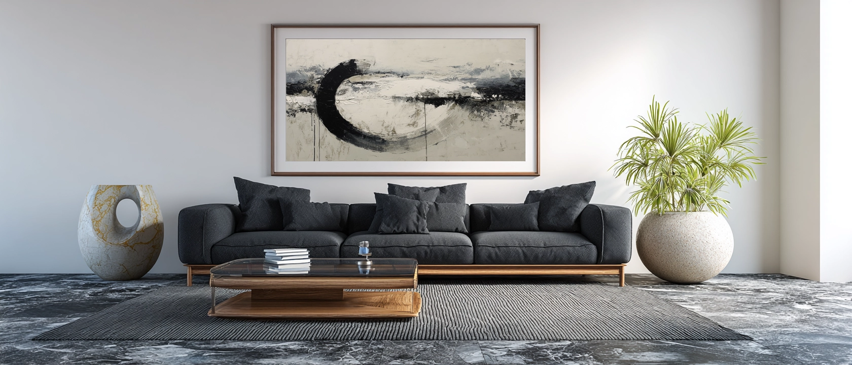 Modern living room with black sofa, abstract art, wooden coffee table, and potted plant, creating a minimalist and stylish interior design. by Evoken