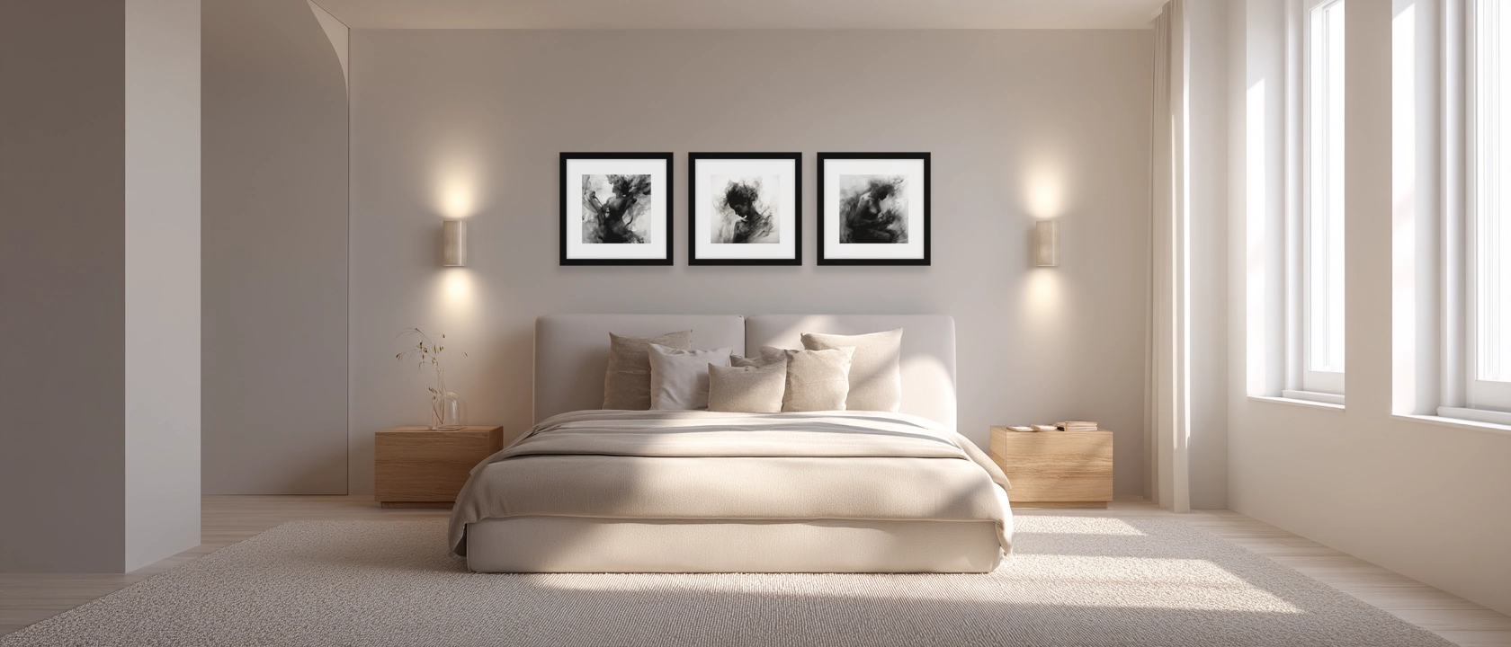 Minimalist bedroom interior with neutral tones, black and white art, and natural light. Modern bedroom design with linen bedding. by Evoken